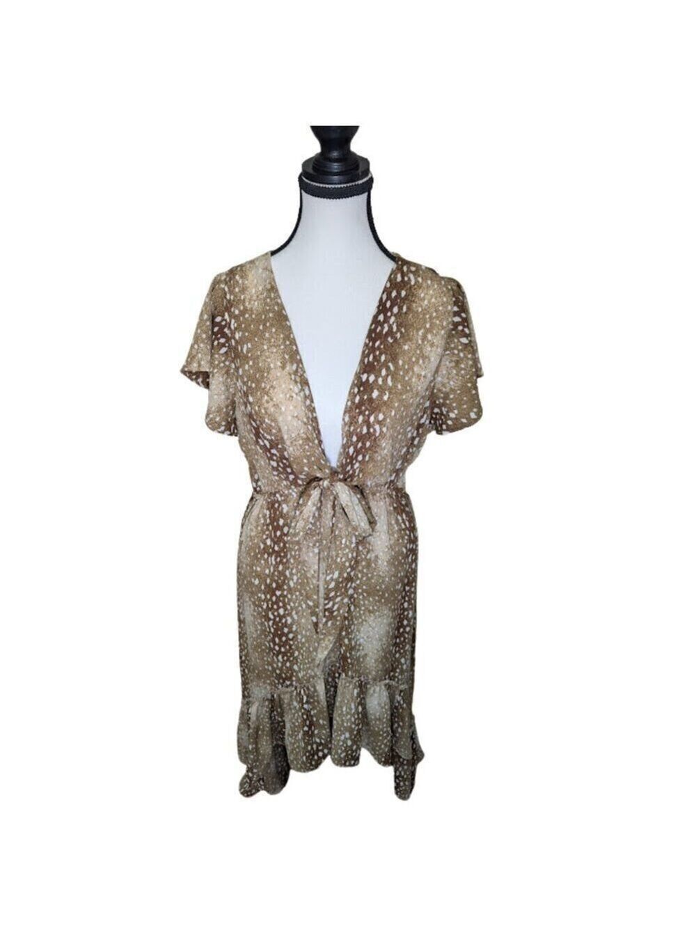 Buddy Love High-Low Ruffle Hem Dress Brown Animal Print Flutter Sleeve Western - Picture 2 of 12